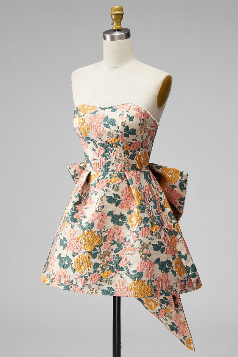 Load image into Gallery viewer, Blue Flower Jacquard A-Line Short Cocktail Dress with Bow