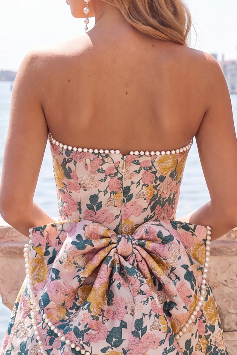 Load image into Gallery viewer, Blue Flower Jacquard A-Line Short Cocktail Dress with Bow