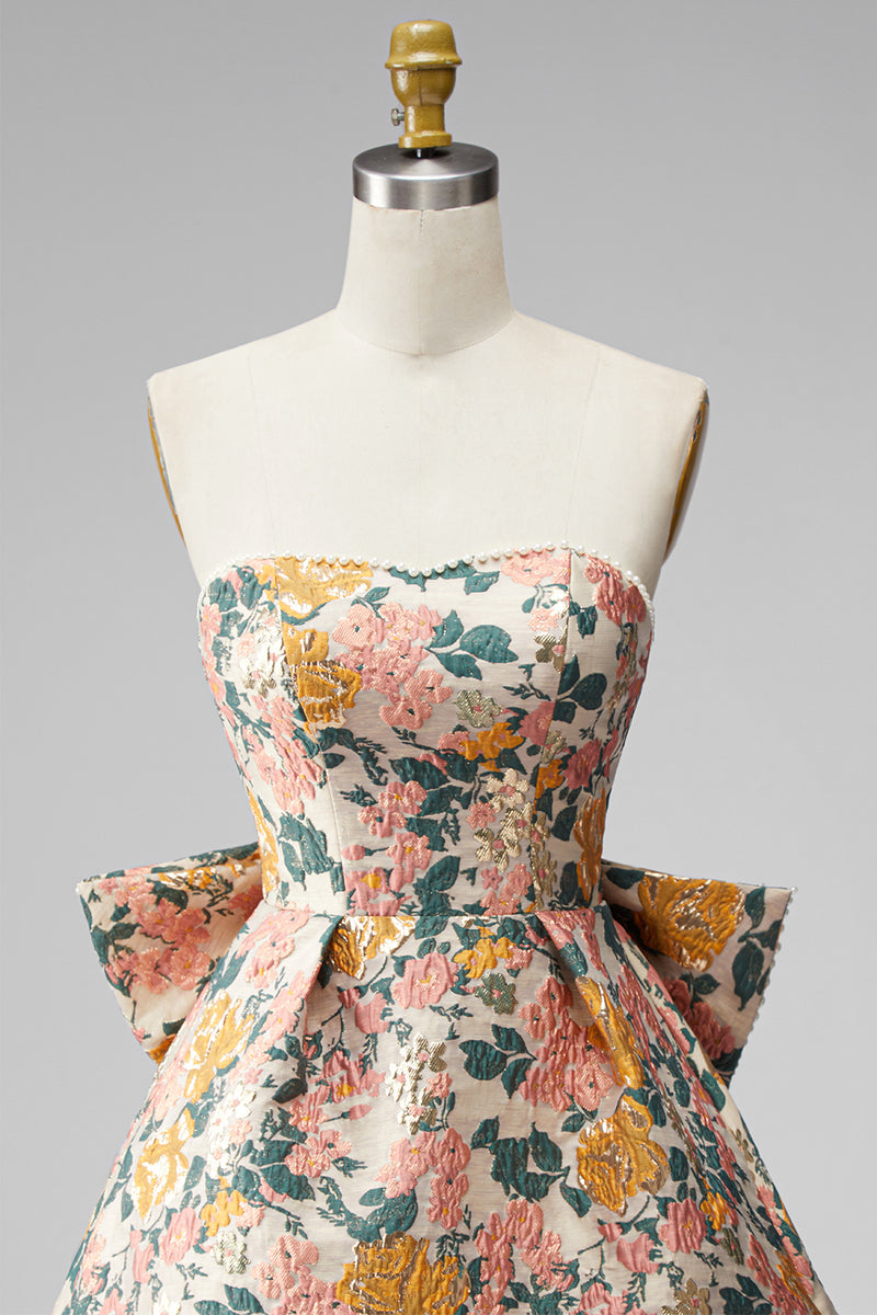 Load image into Gallery viewer, Blue Flower Jacquard A-Line Short Cocktail Dress with Bow