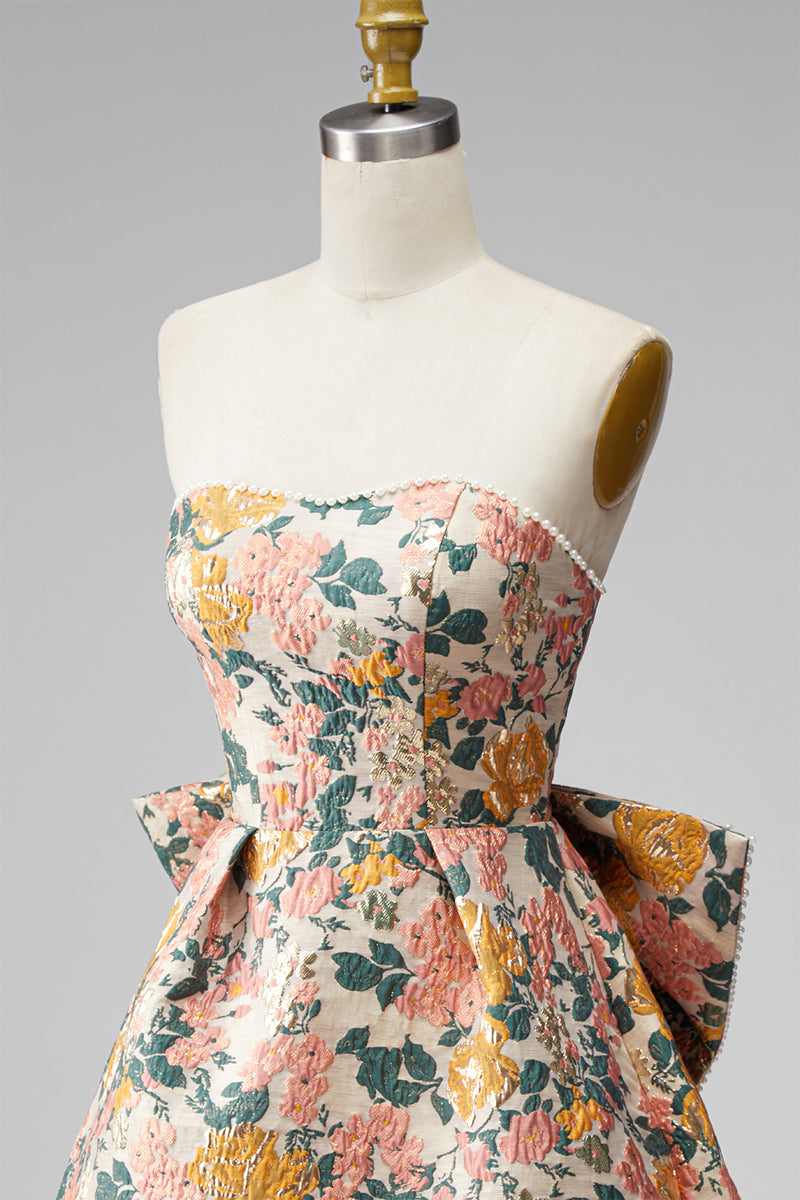 Load image into Gallery viewer, Blue Flower Jacquard A-Line Short Cocktail Dress with Bow