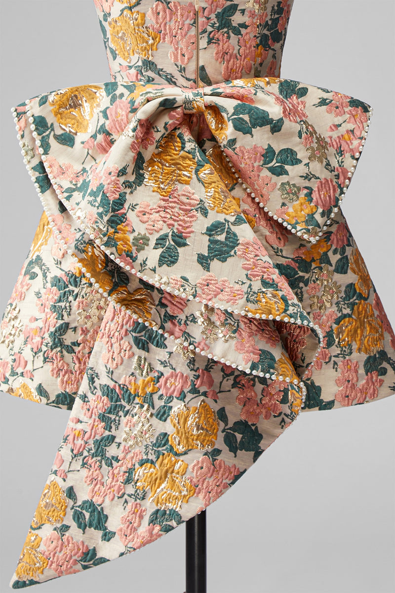 Load image into Gallery viewer, Blue Flower Jacquard A-Line Short Cocktail Dress with Bow