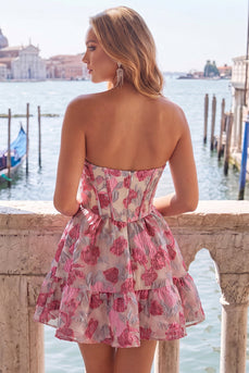 Floral Fuchsia Corset Sweetheart A-Line Short Cocktail Dress