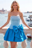 Load image into Gallery viewer, White and Black Satin Beaded A-Line Short Cocktail Dress with Bow