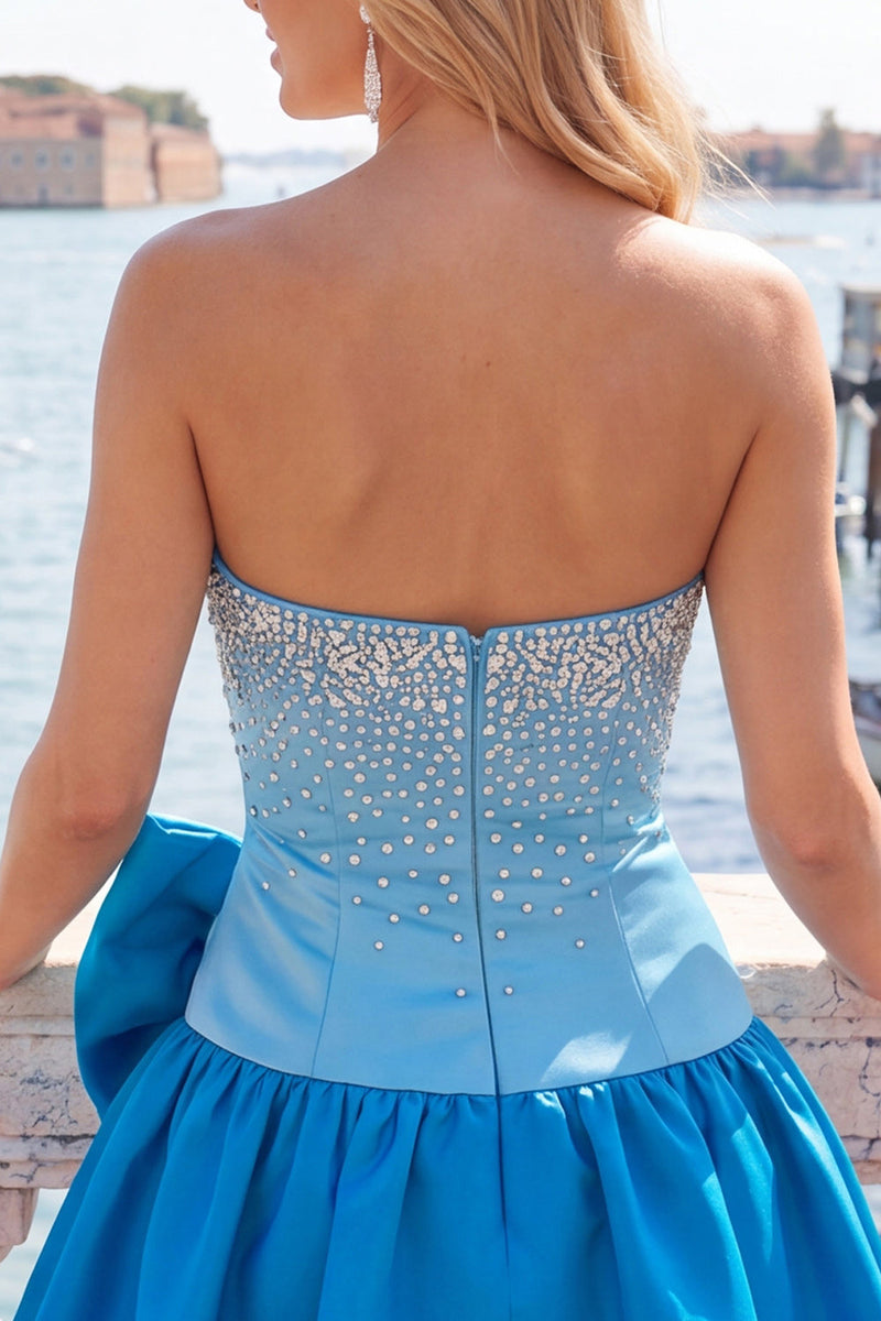 Load image into Gallery viewer, White and Black Satin Beaded A-Line Short Cocktail Dress with Bow