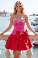 Load image into Gallery viewer, White and Black Satin Beaded A-Line Short Cocktail Dress with Bow