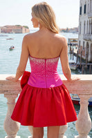 Load image into Gallery viewer, White and Black Satin Beaded A-Line Short Cocktail Dress with Bow