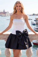 Load image into Gallery viewer, White and Black Satin Beaded A-Line Short Cocktail Dress with Bow