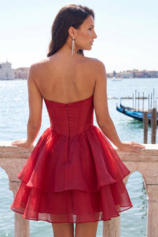 Red Corset Tiered Ruffled A-Line Short Cocktail Dress