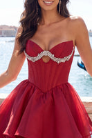 Load image into Gallery viewer, Red Corset Tiered Ruffled A-Line Short Cocktail Dress