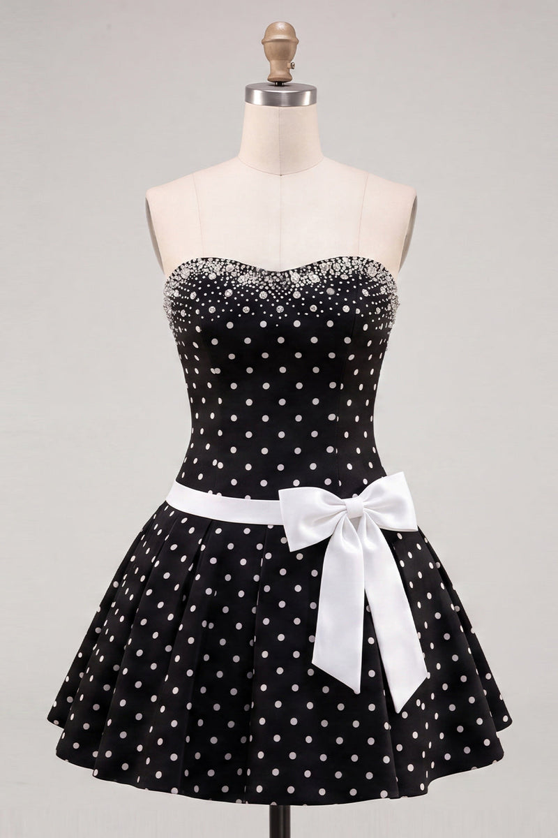 Load image into Gallery viewer, White Black Dots Beaded A-Line Short Cocktail Dress with Bow