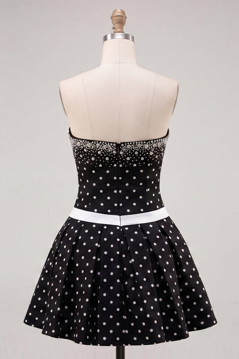 Load image into Gallery viewer, White Black Dots Beaded A-Line Short Cocktail Dress with Bow