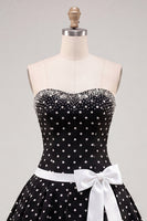 Load image into Gallery viewer, White Black Dots Beaded A-Line Short Cocktail Dress with Bow