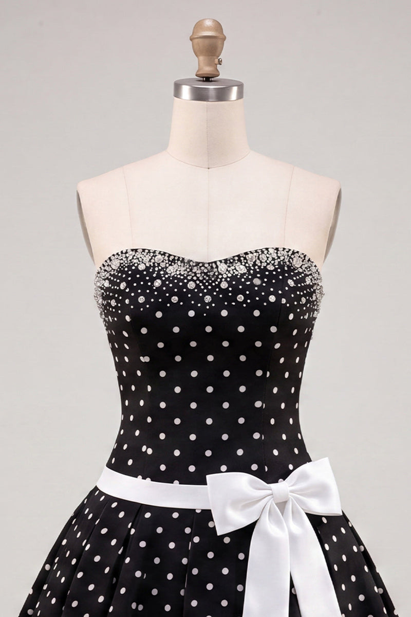 Load image into Gallery viewer, White Black Dots Beaded A-Line Short Cocktail Dress with Bow