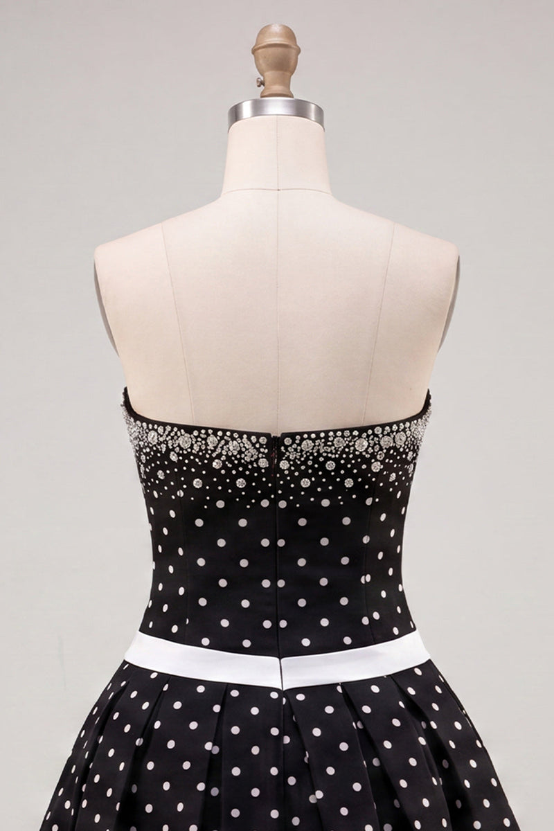 Load image into Gallery viewer, White Black Dots Beaded A-Line Short Cocktail Dress with Bow