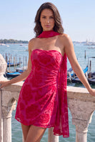 Load image into Gallery viewer, Fuchsia Floral Ruched Tight Neck Scarf Short Cocktail Dress
