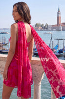 Load image into Gallery viewer, Fuchsia Floral Ruched Tight Neck Scarf Short Cocktail Dress