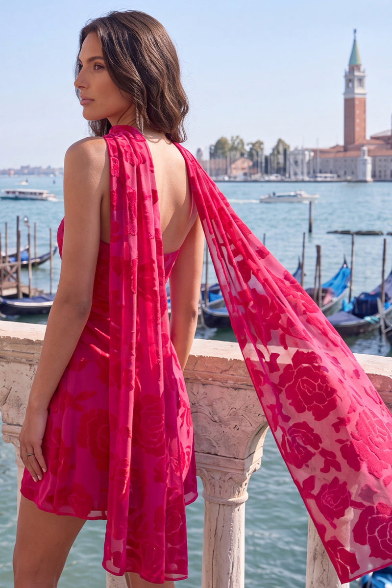 Load image into Gallery viewer, Fuchsia Floral Ruched Tight Neck Scarf Short Cocktail Dress
