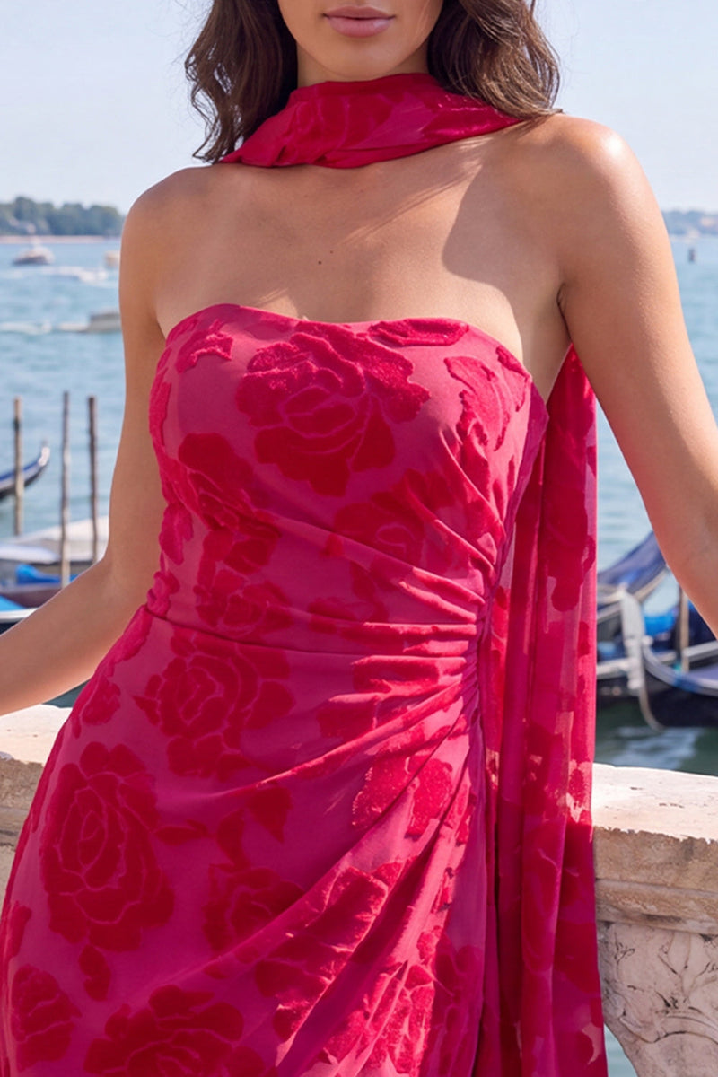 Load image into Gallery viewer, Fuchsia Floral Ruched Tight Neck Scarf Short Cocktail Dress