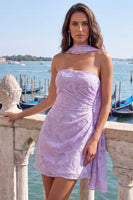 Load image into Gallery viewer, Fuchsia Floral Ruched Tight Neck Scarf Short Cocktail Dress
