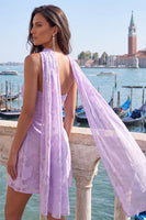 Load image into Gallery viewer, Fuchsia Floral Ruched Tight Neck Scarf Short Cocktail Dress