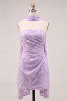 Load image into Gallery viewer, Fuchsia Floral Ruched Tight Neck Scarf Short Cocktail Dress