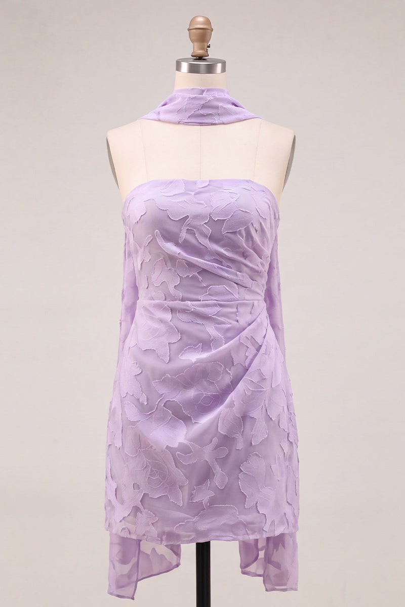 Load image into Gallery viewer, Fuchsia Floral Ruched Tight Neck Scarf Short Cocktail Dress