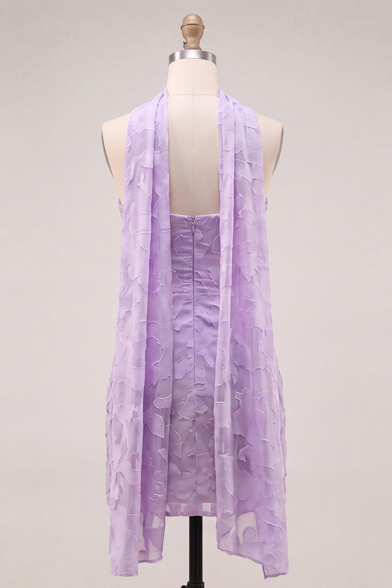 Load image into Gallery viewer, Fuchsia Floral Ruched Tight Neck Scarf Short Cocktail Dress
