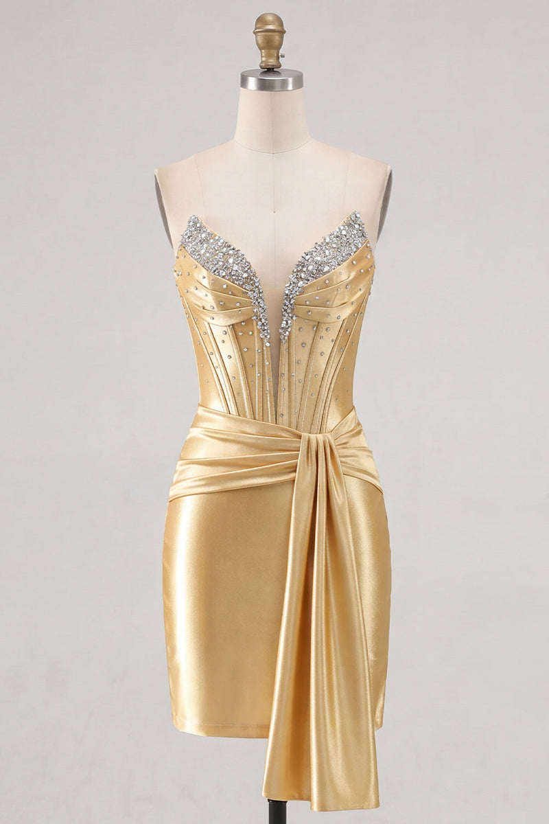 Load image into Gallery viewer, Sparkly Pink Satin Beaded Tight Short Corset Cocktail Dress with Sash