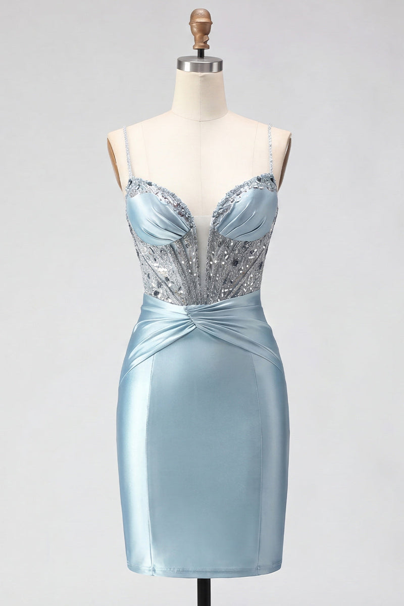 Load image into Gallery viewer, Sparkly Dark Green Satin Sequin Tight Short Corset Cocktail Dress