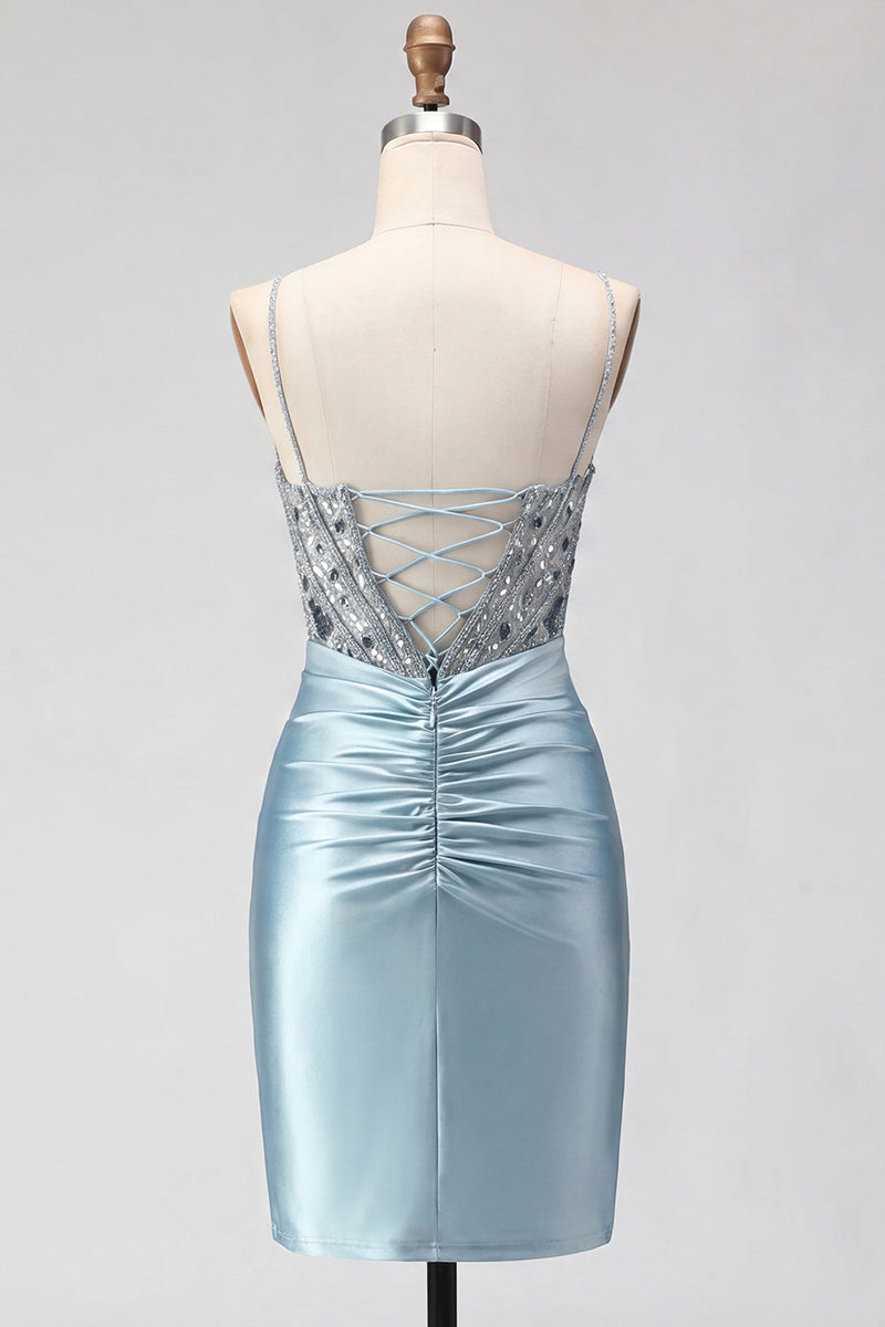 Load image into Gallery viewer, Sparkly Dark Green Satin Sequin Tight Short Corset Cocktail Dress