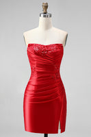 Load image into Gallery viewer, Red Beaded Ruched Tight Short Cocktail Dress with Slit