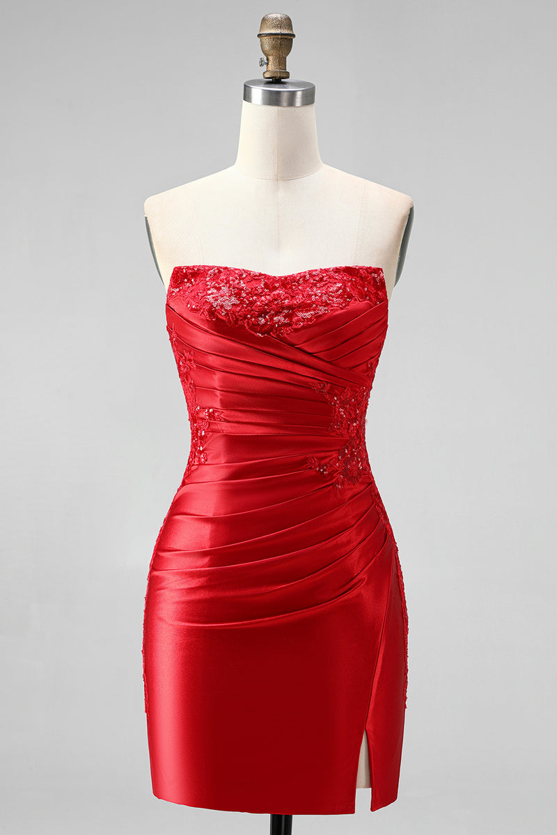 Load image into Gallery viewer, Red Beaded Ruched Tight Short Cocktail Dress with Slit