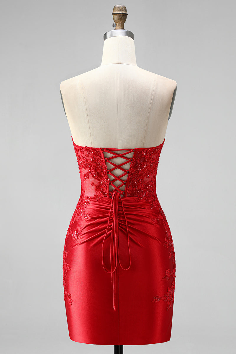 Load image into Gallery viewer, Red Beaded Ruched Tight Short Cocktail Dress with Slit