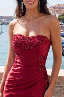 Load image into Gallery viewer, Red Beaded Ruched Tight Short Cocktail Dress with Slit
