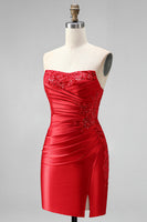 Load image into Gallery viewer, Red Beaded Ruched Tight Short Cocktail Dress with Slit