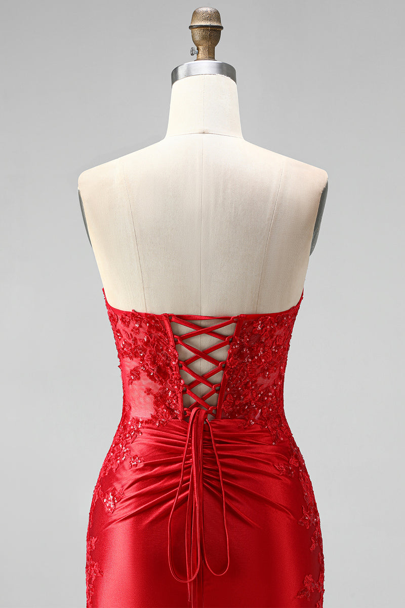 Load image into Gallery viewer, Red Beaded Ruched Tight Short Cocktail Dress with Slit