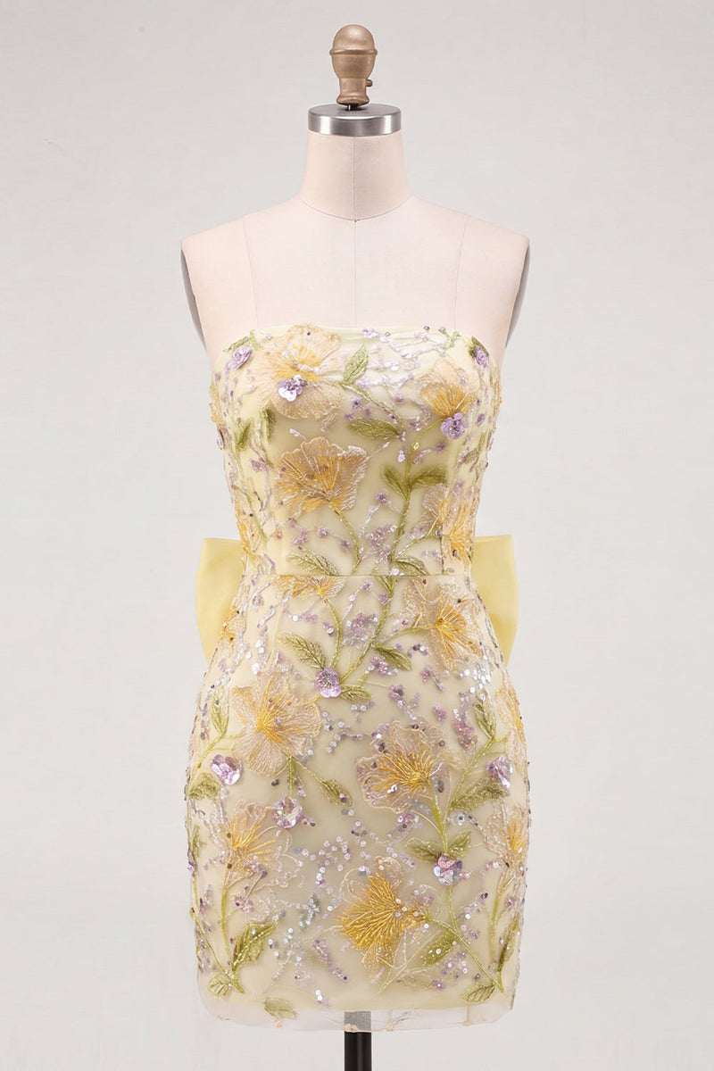 Load image into Gallery viewer, Sparkly Floral Pink Sequin Tight Short Cocktail Dress with Bow
