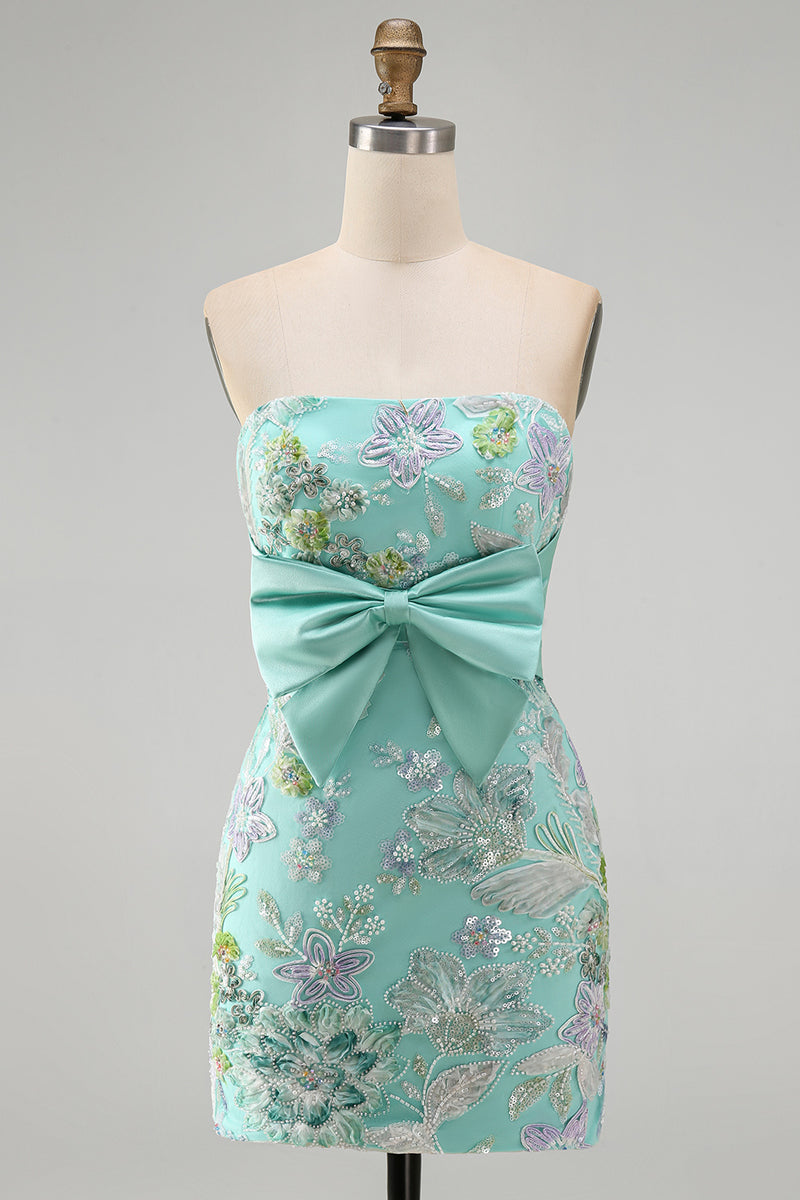 Load image into Gallery viewer, Floral Lilac Sequin Tight Short Cocktail Dress with Bow