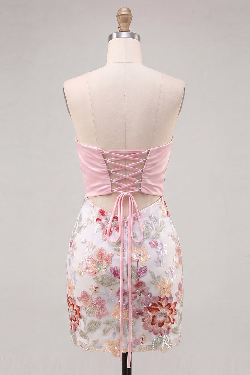 Load image into Gallery viewer, Floral Lilac Sequin Tight Short Cocktail Dress with Bow