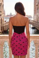 Load image into Gallery viewer, Black and Fuchsia Polka Dots Corset Sweetheart Short Tight Cocktail Dress with Bow