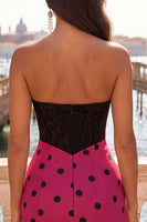 Load image into Gallery viewer, Black and Fuchsia Polka Dots Corset Sweetheart Short Tight Cocktail Dress with Bow