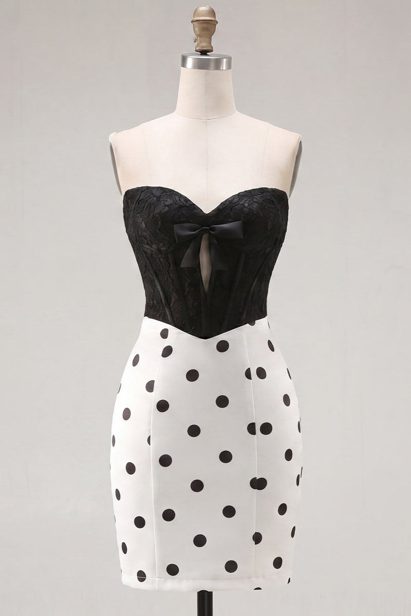 Load image into Gallery viewer, Black and Fuchsia Polka Dots Corset Sweetheart Short Tight Cocktail Dress with Bow