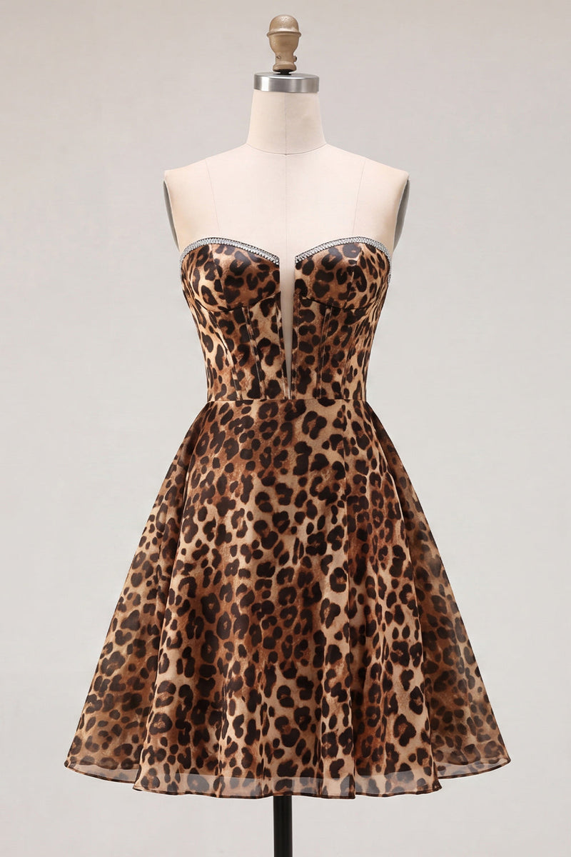 Load image into Gallery viewer, Brown Leopard Corset Sweetheart A-Line Short Cocktail Dress