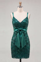Load image into Gallery viewer, Sparkly Dark Green Sequin Tight Short Cocktail Dress with Bow