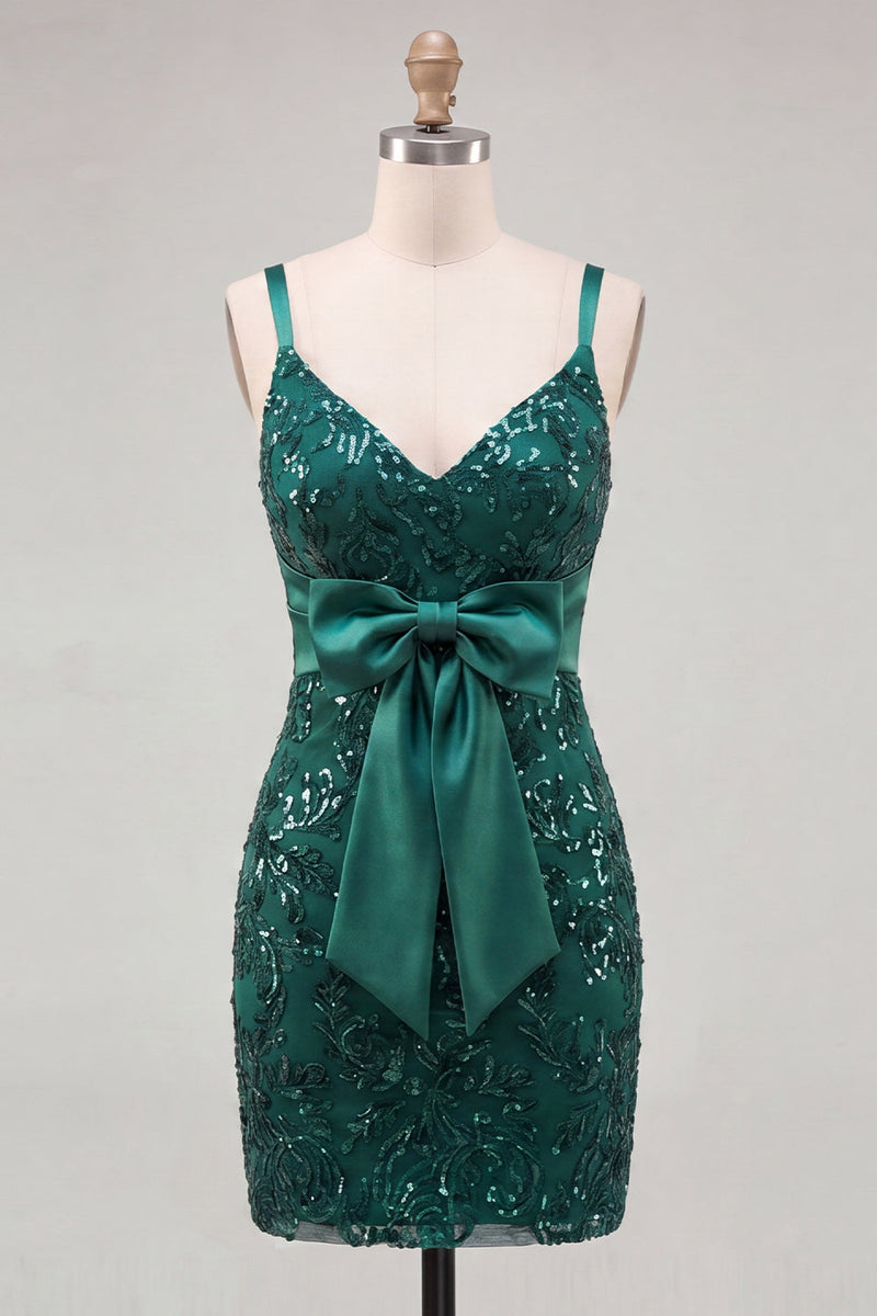 Load image into Gallery viewer, Sparkly Dark Green Sequin Tight Short Cocktail Dress with Bow