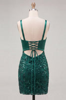 Load image into Gallery viewer, Sparkly Dark Green Sequin Tight Short Cocktail Dress with Bow