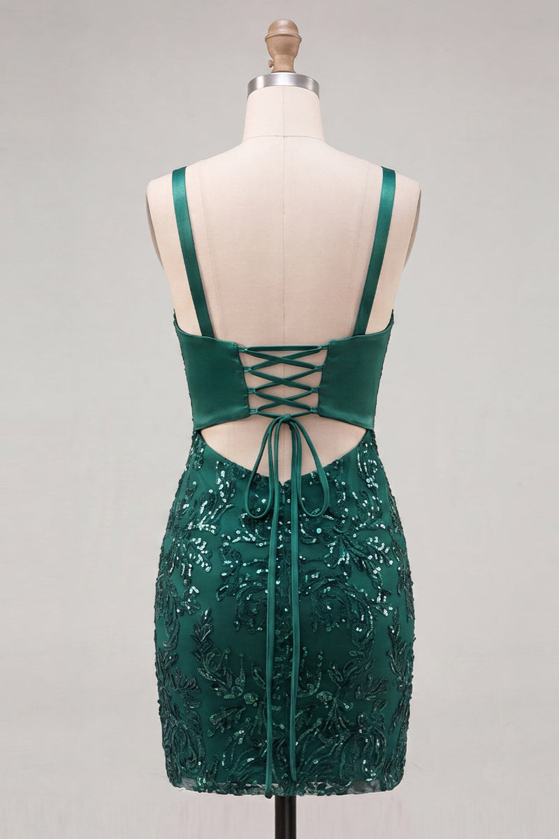 Load image into Gallery viewer, Sparkly Dark Green Sequin Tight Short Cocktail Dress with Bow