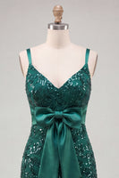 Load image into Gallery viewer, Sparkly Dark Green Sequin Tight Short Cocktail Dress with Bow
