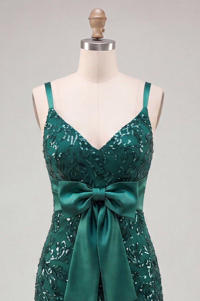 Load image into Gallery viewer, Sparkly Dark Green Sequin Tight Short Cocktail Dress with Bow