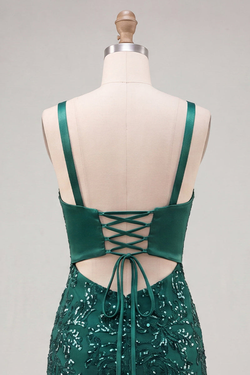 Load image into Gallery viewer, Sparkly Dark Green Sequin Tight Short Cocktail Dress with Bow